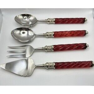 LENOX Vintage Holiday Jewel Stainless Spiral Twist Red Handled 4 Pc Serving Set